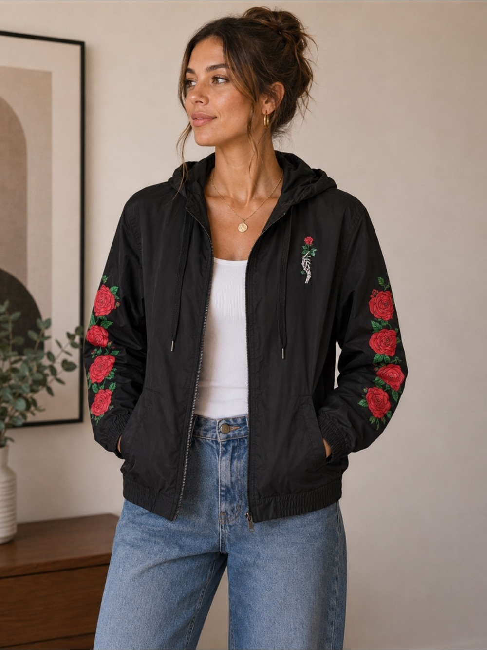 Empyre Black Bomber Jacket with Red Floral Design Size S Streetwear Skater